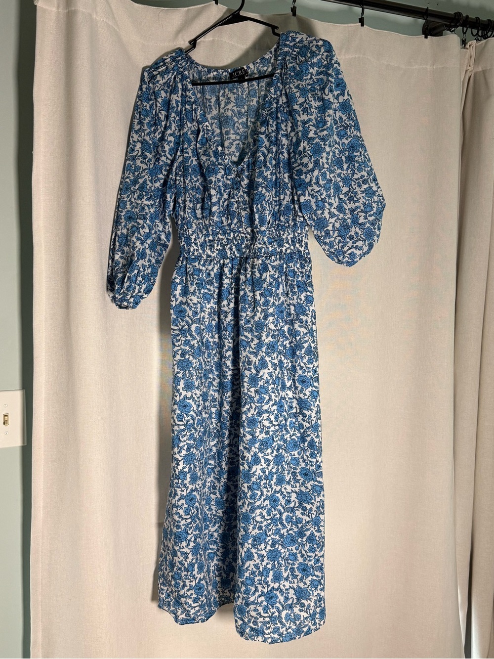 J. Crew Blue and White Floral Tie-Neck Midi Dress
